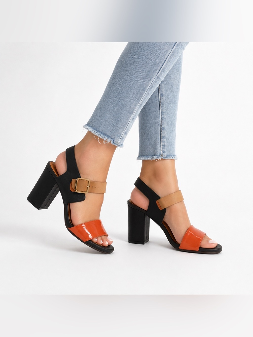 Chie Mihara Women’s Colorblock Leather Sandals Block Heel Ankle Strap Buckle